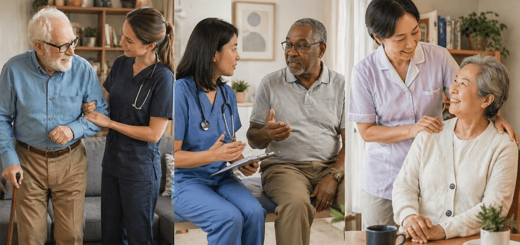 Three caring physicians and nurses with senior patients in their homes